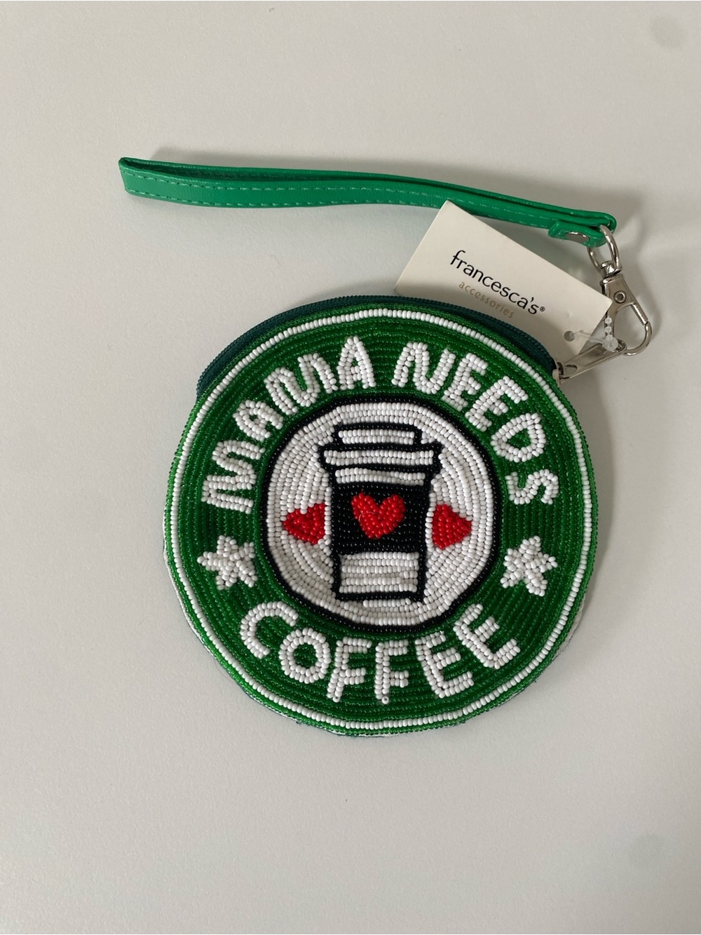 Francesca's Collections Green Beaded 'Mama Needs Coffee' Round Wristlet